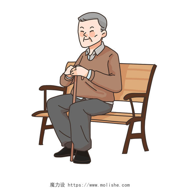 手绘卡通孤独老人坐在公园椅子上元素老人元素